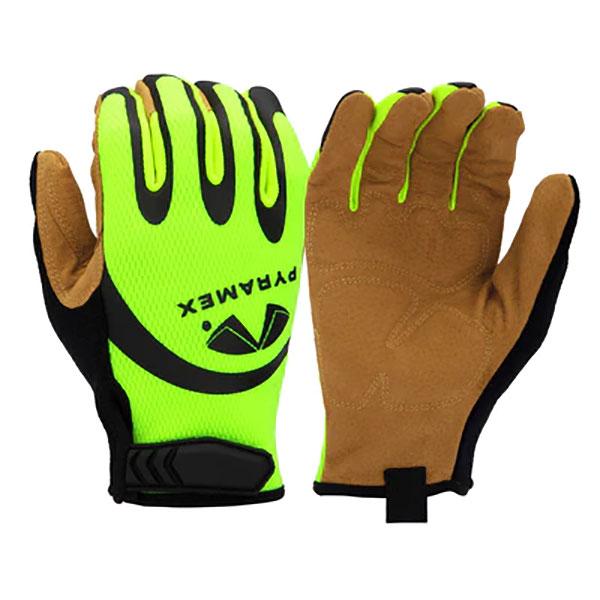 The Pyramex Abrasion Resistant Leather Palm GL104HT safety gloves are designed with hi-vis bright green and black backs, complemented by brown abrasion-resistant leather palms. They come equipped with an adjustable wrist strap and proudly display the "Pyramex Safety" brand, adhering to ANSI/ISEA 105 standards for dependable protection.