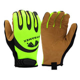 Introducing the Pyramex Abrasion Resistant Leather Palm GL104HT work gloves, offered by Pyramex Safety. This pair features abrasion-resistant leather with hi-vis neon yellow and black color. Displayed with the left glove palm up and the right glove palm down, they also include durable brown palms and "Pyramex" printed in black.