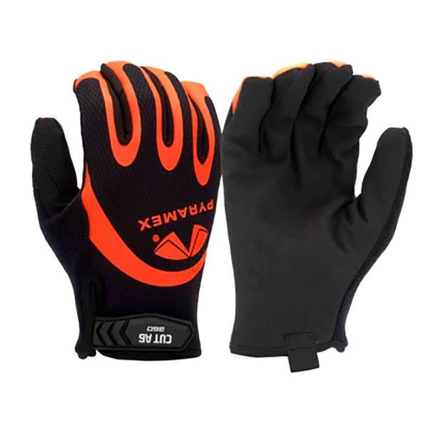 Introducing the Pyramex Safety Synthetic Leather A6 Gloves GL105CHT, a set of 6 pairs that showcases the distinctive Pyramex branding in vibrant orange and black. These gloves are designed with a synthetic leather palm, feature touchscreen capability, and offer A6 cut protection. The adjustable Velcro strap at the wrist ensures a secure and comfortable fit for optimal safety.