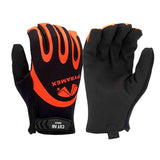 A pair of Pyramex Synthetic Leather A6 Gloves, presented in a striking black with vivid orange accents, offers exceptional high-visibility and cut protection. One glove is shown palm up and the other palm down, showcasing the "Pyramex Safety" brand name and logo on the back in orange. The synthetic leather palm of these gloves ensures touchscreen capability for added convenience.