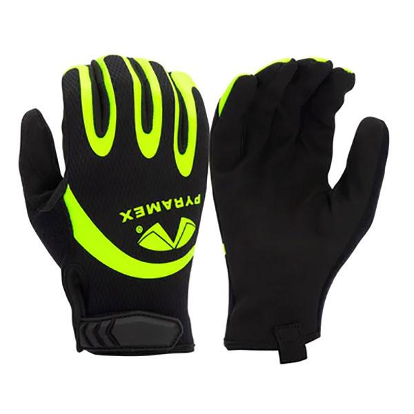 The Pyramex Safety GL105HT Synthetic Leather Gloves come in a distinctive pair with one palm up and the other palm down. Crafted from synthetic leather, they are primarily black with vibrant yellow accents and feature "PYRAMEX" on the back. The gloves include hi-vis silicone printing and adjustable wrist straps to ensure a secure fit.