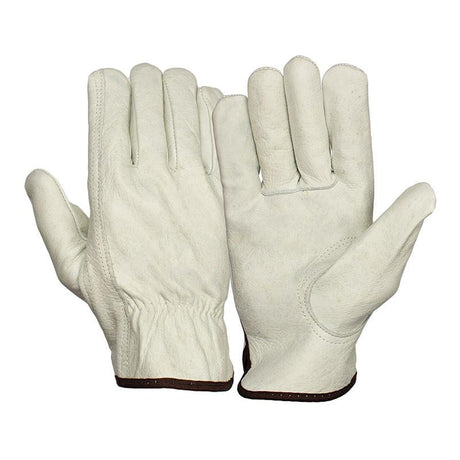 The Pyramex Safety Pyramex Value Cowhide Driver w/Keystone GL2001K is depicted, showcasing a pair of work gloves made from white cowhide leather with brown trim. The keystone thumb design is visible, with one glove positioned palm up and the other palm down. They feature elastic cuffs and a smooth texture, emphasizing their durability and puncture resistance.