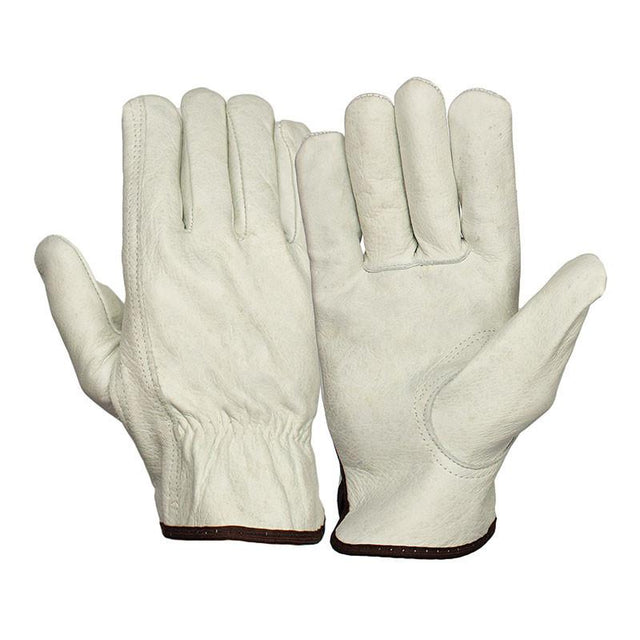 The Pyramex Safety Pyramex Value Cowhide Driver w/Keystone GL2001K is depicted, showcasing a pair of work gloves made from white cowhide leather with brown trim. The keystone thumb design is visible, with one glove positioned palm up and the other palm down. They feature elastic cuffs and a smooth texture, emphasizing their durability and puncture resistance.