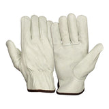 A pair of the Pyramex Safety Value Cowhide Driver w/Keystone GL2001K gloves, crafted from white cowhide leather with brown cuffs, is displayed on a white background. One glove is positioned palm up and the other palm down to showcase their Keystone thumb design and meticulous stitching for enhanced durability.