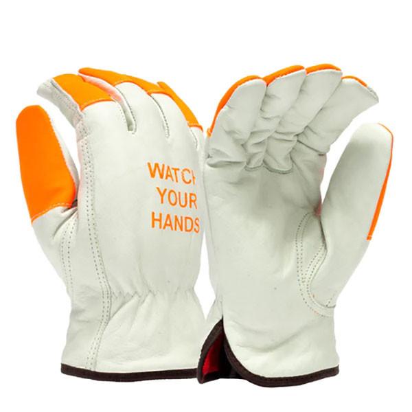 The Pyramex Insulated Value Cowhide Driver GL2002KF work gloves by Pyramex Safety are crafted from durable grain cowhide and feature white coloring with orange accents. The text "WATCH YOUR HANDS" appears on the back, ensuring that their palms remain visible and upright for a combination of style and protection.