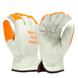 This pair of Pyramex Insulated Value Cowhide Driver gloves by Pyramex Safety features white palms and orange backs, with the message "WATCH YOUR HANDS" on one glove. Constructed from grain cowhide, these reinforced gloves provide safety and protection, while a fleece liner adds insulation and comfort.