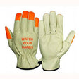 These are the Pyramex GL2003K Cowhide Leather Driver Gloves by Pyramex Safety, available in beige with orange fingertips. Featuring the text "WATCH YOUR HANDS" on one glove's palm, they are crafted from durable grain cowhide for protective use.