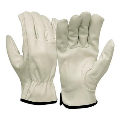 A pair of Pyramex Safety GL2004K cowhide leather gloves is displayed against a plain background, featuring a stylish black trim. One glove is positioned forward while the other highlights the slip-on cuffs and keystone thumb, elegantly exhibiting their fit and design.