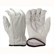 A pair of Pyramex GL2006K Cowhide Leather Keystone Gloves from Pyramex Safety, in white with dark edges. One glove is displayed palm-side up and the other palm-side down, showcasing a keystone thumb design. The smooth, durable cowhide leather suggests they are ideal for manual tasks or protection.