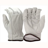 Displayed are Pyramex GL2006K Cowhide Leather Keystone Gloves by Pyramex Safety. One glove is shown palm up and the other palm down, with both featuring dark trim at the wrist and arranged side by side against a plain background.