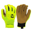 A pair of Pyramex Safety Genuine Leather Impact Gloves GL202HT is displayed. The left glove is shown palm side up, highlighting its neon yellow and black padding, while the right glove is positioned palm side down, exposing brown fabric with reinforced areas. Both gloves prominently feature a logo and come with adjustable wrist straps, reflecting the durability synonymous with Leather Impact Gloves.