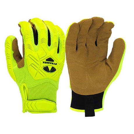 A bright yellow pair of Pyramex Safety's GL202HT Genuine Leather Impact Gloves showcases a unique design. The left glove features a brown suede palm, while the right boasts reinforced knuckle padding with a black logo. Both gloves comply with ANSI/ISEA 138 standards and include adjustable wrist straps for a secure fit.