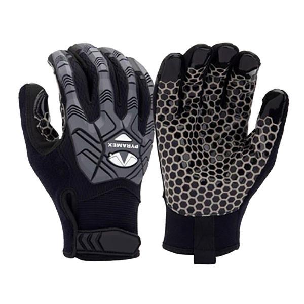 Introducing the Pyramex Safety GL203HT gloves, featuring a black and gray design with a honeycomb pattern on the synthetic leather palm for superior grip. These gloves are equipped with Velcro wrist straps for secure closure. The flexible shell design on the back offers excellent impact protection, making them ideal for outdoor or industrial use.