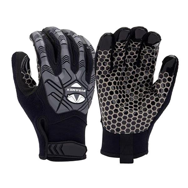 Pyramex Safety's Pyramex Synth. Leather Silicone Palm Gloves GL203HT come in black and gray, featuring hexagonal patterns on the palms and a logo on the back. Designed with textured fingertips for precision, they offer impact protection cushioning and a TPR wrist closure to ensure secure fastening.