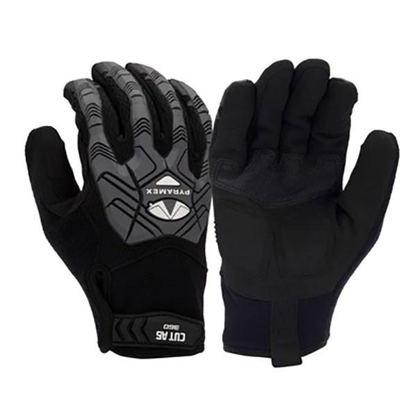 Explore the Pyramex Safety GL204CHT gloves, featuring a sleek design of black protective gloves with grey accents. These gloves are equipped with touchscreen capability and synthetic leather palms, ensuring convenience and durability. One glove highlights the brand's logo along with a textured design, while the other showcases a reinforced palm and convenient pull tab for easy wear. Perfectly suited for both work and sports activities. Available in packs of 6 pairs.