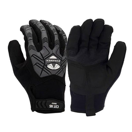 The Pyramex Safety Synth. Leather PVC Palm Patch Gloves GL204CHT offers a sophisticated pair of black and grey work gloves, showcasing a textured design on the back and the brand logo on the wrist strap. These gloves feature solid black synthetic leather palms with reinforced padding for enhanced durability and protection, along with touchscreen capability to keep you connected wherever you are.