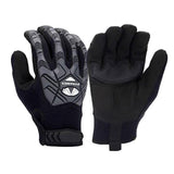 Introducing the Pyramex Safety GL204HT Gloves: Black and gray protective gloves designed with reinforced palms and fingers for enhanced durability. Made from synthetic leather, these gloves offer a strap for adjustable fit, TPR impact protection, and a rugged surface. The "Pyramex Safety" brand logo is prominently displayed on the back of one glove.