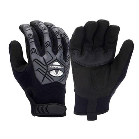 Introducing the Pyramex Safety GL204HT Gloves: Black and gray protective gloves designed with reinforced palms and fingers for enhanced durability. Made from synthetic leather, these gloves offer a strap for adjustable fit, TPR impact protection, and a rugged surface. The "Pyramex Safety" brand logo is prominently displayed on the back of one glove.