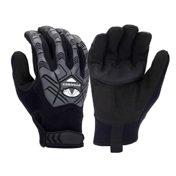 The Pyramex Safety GL204HT gloves, displayed with one palm side up and the other down, feature a black and gray synthetic leather design. They come equipped with a textured PVC grip on the palms, touchscreen compatibility, adjustable wrist straps, TPR Impact Protection, and proudly display the brand's logo on the back of the hand.