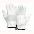 The Pyramex GL3001K Series Goatskin Leather Gloves by Pyramex Safety are elegantly crafted from white goatskin leather with a black trim accentuating the slip-on cuffs. These gloves incorporate a Keystone Thumb design for enhanced flexibility and comfort. Displayed upright, one glove showcases the palm while the other reveals the back, highlighting the meticulous stitching detail on both pieces.