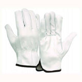 A pair from the Pyramex GL3001K Series Goatskin Leather Gloves by Pyramex Safety, featuring white goatskin leather with black trim around the wrist area. These gloves have slip-on cuffs with visible stitching, displayed upright to showcase both the front and back effortlessly.