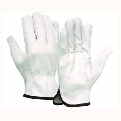 A pair of Pyramex GL3001K Series Goatskin Leather Gloves by Pyramex Safety, featuring a sleek design with black trim at the wrists and slip-on cuffs, showcasing both front and back views.