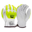 Introducing the Pyramex Premium Goatskin Driver Para-Aramid A4 Impact GL3002CKB gloves, designed by Pyramex Safety. These protective work gloves feature high-quality goatskin leather with gray palms complemented by neon yellow accents. Reinforced knuckles provide superior impact protection, and the brand logo is prominently displayed on both the front and back views.