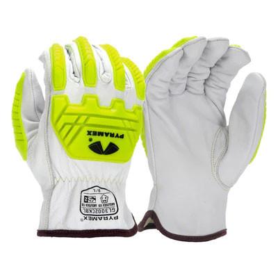 Introducing the Pyramex Premium Goatskin Driver Para-Aramid A4 Impact GL3002CKB gloves, designed by Pyramex Safety. These protective work gloves feature high-quality goatskin leather with gray palms complemented by neon yellow accents. Reinforced knuckles provide superior impact protection, and the brand logo is prominently displayed on both the front and back views.