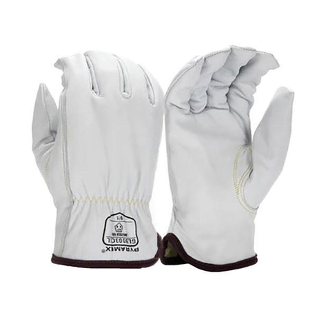 A pair of Pyramex Premium Goatskin Driver Para-Aramid A7 GL3003CK work gloves in white, designed with stitched details and elastic cuffs. The front glove features a logo along with size information and ANSI/ISEA 105 certification. These cut-resistant gloves are enhanced with a dark trim on the cuffs for added durability.