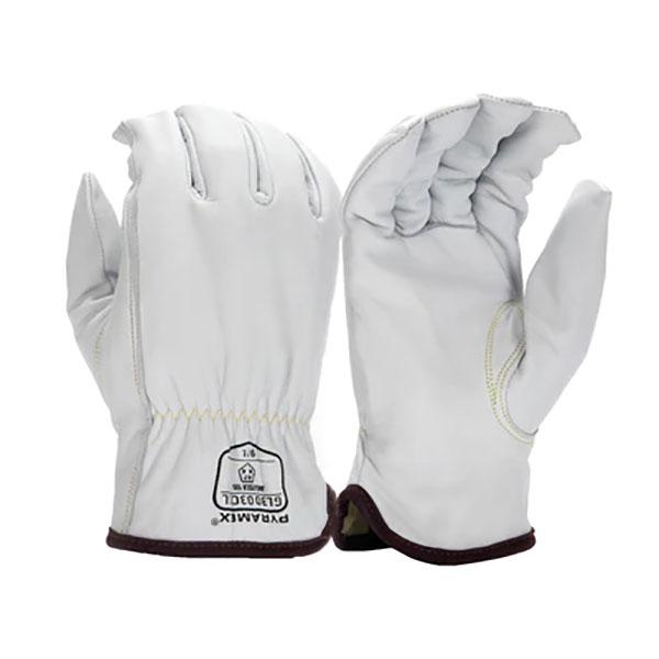 A pair of Pyramex Premium Goatskin Driver Para-Aramid A7 work gloves, featuring a sleek gray goatskin leather design with elastic wrists and brown trim. One glove is displayed with the palm side up and the other with the palm side down, showcasing a logo and text printed on the wrist area of one glove to indicate compliance with ANSI/ISEA 105 standards for enhanced protection.