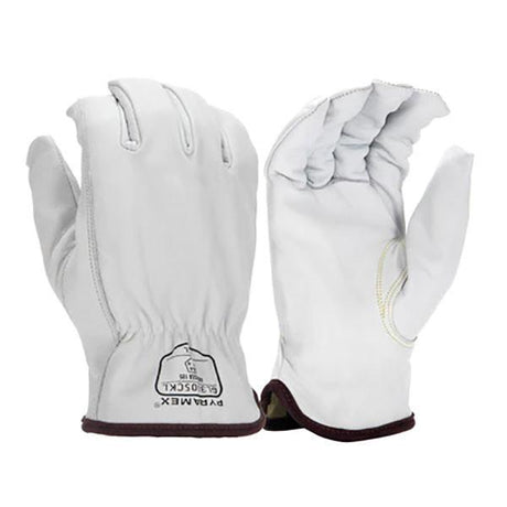 A pair of white Pyramex Premium Goatskin Driver HPPE A4 safety gloves with black cuffs, one displayed upright to reveal the front with text and logos, and the other showing the back. These gloves are ideal for construction use.