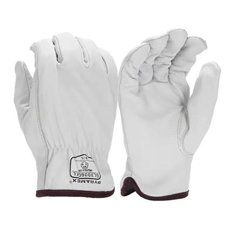 A pair of Pyramex Premium Goatskin Driver HPPE A5 GL3006CK gloves in white with a brown trim around the cuffs is featured. The logo and text on the wrist indicate the Pyramex Safety brand and size. Displayed with one palm facing up and one down, these gloves offer superior protection, meeting ANSI/ISEA 105 safety standards.