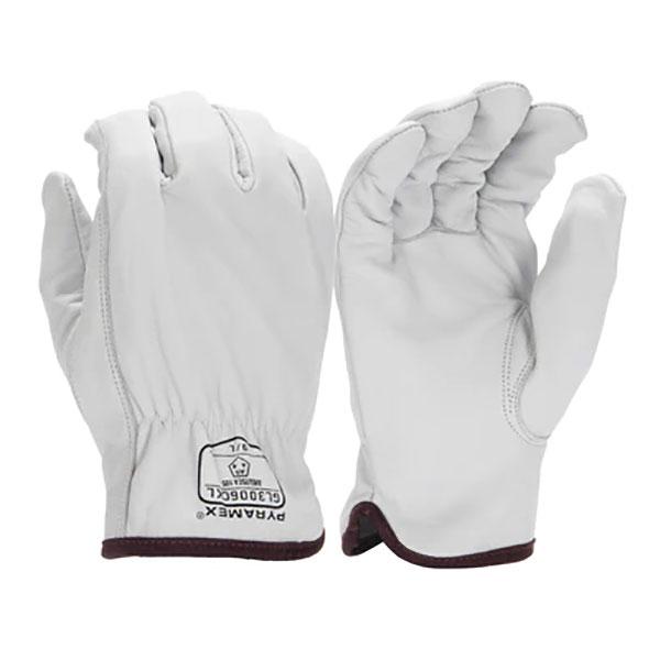 Introducing the Pyramex Safety Premium Goatskin Driver HPPE A5 GL3006CK gloves, crafted from luxurious white goatskin leather. These work gloves feature elastic cuffs and a dark trim for a secure fit. One glove displays the back side with the prominent Pyramex logo, while the other reveals the palm side, highlighting reinforced stitching designed to meet ANSI/ISEA 105 standards for outstanding durability.