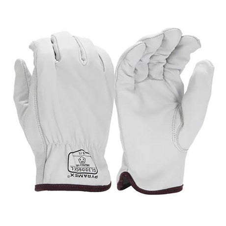 A pair of Pyramex Premium Goatskin Driver gloves from the brand Pyramex Safety, featuring black trim around the wrists and showcased against a plain background. One glove displays a logo and text near the wrist, indicating it meets ANSI/ISEA 105 standards for durability.