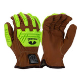 The Pyramex AF Premium Goatskin Para-Aramid A4 Impact Gloves GL3010CK feature brown leather palms made from durable goatskin para-aramid, complemented by neon green rubber padding. With reinforced knuckles and prominent branding, these gloves, a product of Pyramex Safety, ensure durability and offer A4 cut protection for reliable safety in every task.