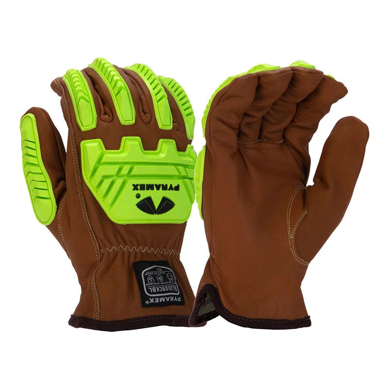 The Pyramex Safety AF Premium Goatskin Para-Aramid A4 Impact Gloves GL3010CK feature a robust combination of A4 cut protection and durable brown leather palms with vibrant neon green accents. Designed for heavy-duty use, these gloves are equipped with reinforced knuckles and fingers, ensuring added safety through the use of resilient Goatskin Para-Aramid material. This package includes 6 pairs.