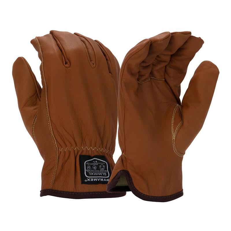 The Pyramex AF Premium Goatskin Driver Para-Aramid A5 GL3010CK gloves are presented from various perspectives. One glove highlights the back with an elastic wristband and a label, while the other focuses on the palm side, featuring intricate stitching.