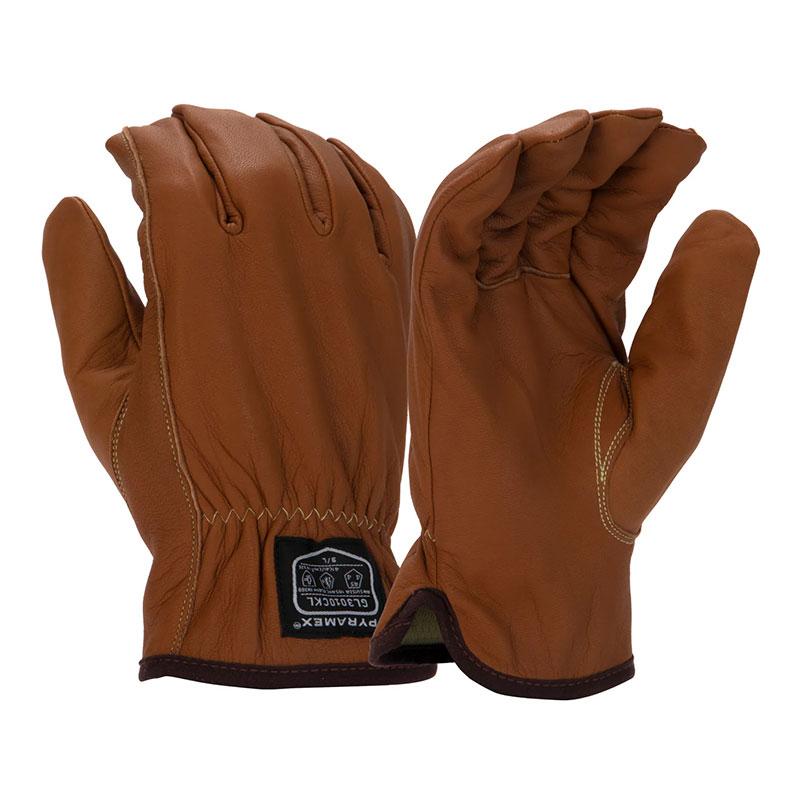 A pair of Pyramex AF Premium Goatskin Driver Para-Aramid A5 GL3010CK gloves in brown with an elastic cuff and visible stitching. One glove shows the back, while the other reveals the palm side. Both feature a black sewn label, ensuring durability and safety for demanding tasks with their Para-Aramid Cut protection.