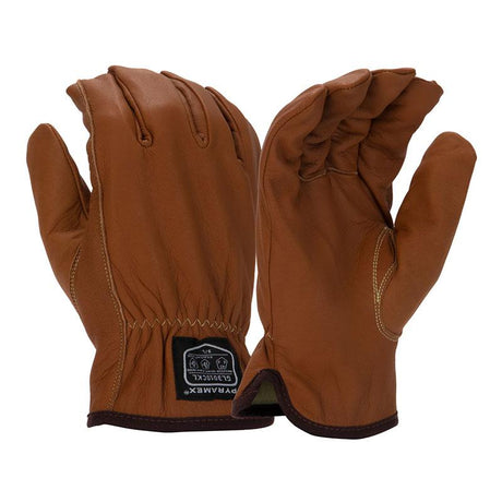 The Pyramex Safety AF Premium Goatskin Driver Para-Aramid A5 GL3010CK gloves exhibit a stylish design with brown leather and a black brand label. One glove displays its palm, while the other reveals the back, highlighting visible stitching and an elastic wrist for enhanced style and practical protection.