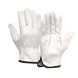 A pair of Pyramex Unlined Value Goatskin Driver gloves (GL3011K) from Pyramex Safety, crafted from durable goatskin leather, is elegantly displayed against a plain white backdrop. The gloves feature a Keystone thumb design, with one glove shown palm-up and the other displaying its back, highlighting the attention to detail in their construction.