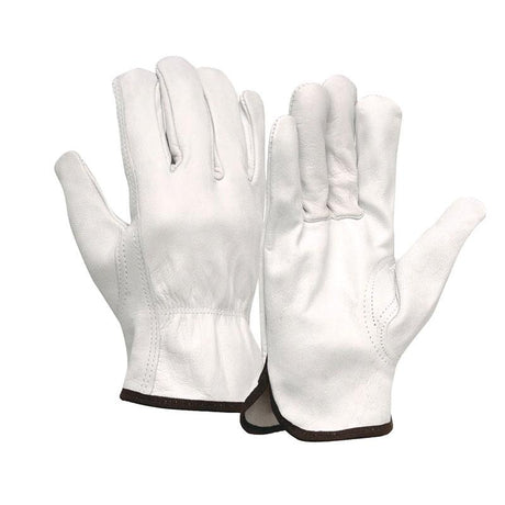 Introducing the Pyramex Unlined Value Goatskin Driver GL3011K gloves from Pyramex Safety. These gloves, available in a pair with one glove shown palm up and the other palm down, are crafted from high-quality white goatskin leather. They boast gathered wrists for a secure fit, dark trim around the cuffs for added style, and a keystone thumb designed to enhance flexibility. Additionally, these gloves are abrasion-resistant to ensure lasting durability.