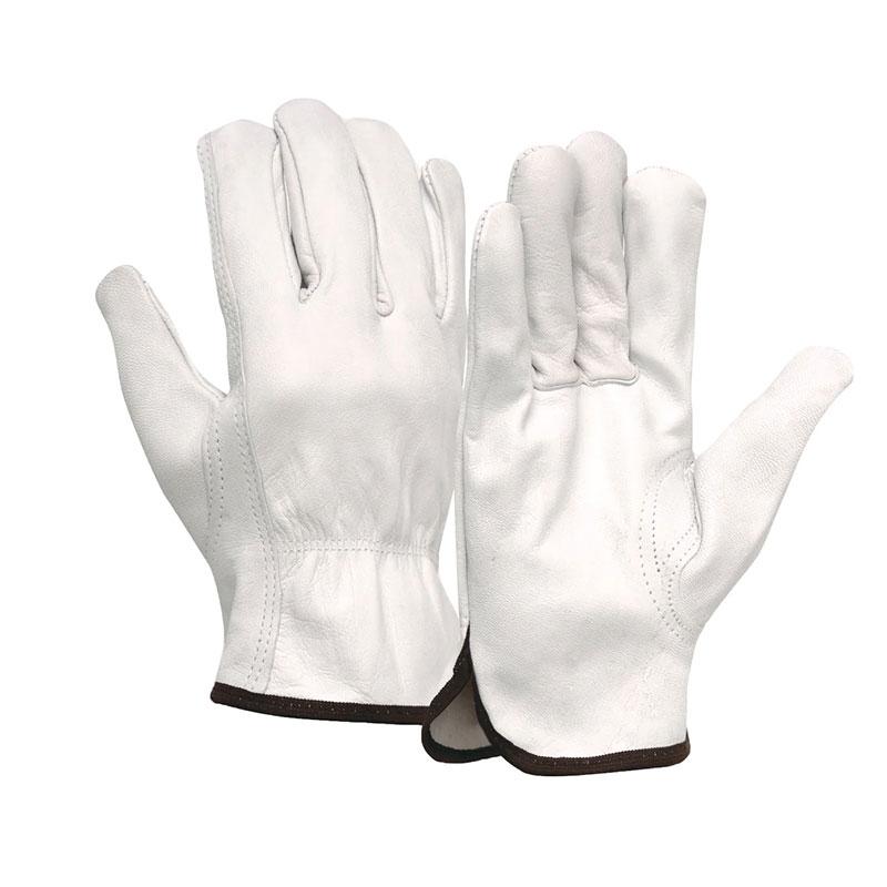 A pair of Pyramex Safety's abrasion-resistant GL3011K white leather gloves with dark cuff trim and a keystone thumb, displayed upright.