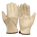 A pair of beige pigskin driver gloves from the Pyramex Safety brand, specifically the Pyramex Select Pigskin Driver w/Keystone GL4001K, is displayed with one glove facing palm up and the other palm down. These gloves feature visible stitching, brown edging on the cuffs, and a keystone thumb for enhanced comfort.