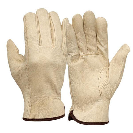 A pair of beige pigskin driver gloves from the Pyramex Safety brand, specifically the Pyramex Select Pigskin Driver w/Keystone GL4001K, is displayed with one glove facing palm up and the other palm down. These gloves feature visible stitching, brown edging on the cuffs, and a keystone thumb for enhanced comfort.