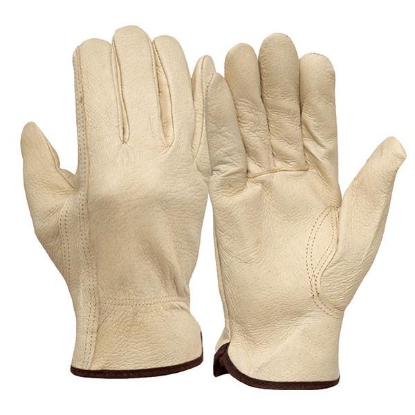 A pair of beige pigskin driver gloves from the Pyramex Safety brand, specifically the Pyramex Select Pigskin Driver w/Keystone GL4001K, is displayed with one glove facing palm up and the other palm down. These gloves feature visible stitching, brown edging on the cuffs, and a keystone thumb for enhanced comfort.