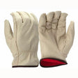 The Pyramex GL4003K Pigskin Leather Fleece Drivers by Pyramex Safety are a pair of beige work gloves featuring grain pigskin leather with a red interior lining. One glove is shown facing forward, highlighting the fingers and keystone thumb, while the other displays the back. These gloves are ideal for those seeking durable and insulated leather driver gloves.