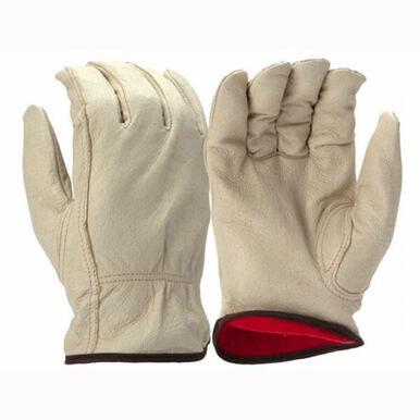 The Pyramex GL4003K Pigskin Leather Fleece Drivers by Pyramex Safety are a pair of beige work gloves featuring grain pigskin leather with a red interior lining. One glove is shown facing forward, highlighting the fingers and keystone thumb, while the other displays the back. These gloves are ideal for those seeking durable and insulated leather driver gloves.