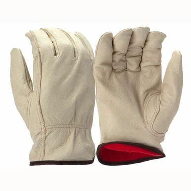 Displayed are the Pyramex GL4003K Pigskin Leather Fleece Drivers, showcasing a pair of beige leather work gloves. One glove is oriented upwards, while the other exposes its red lining. The gloves are crafted with visible stitching and feature a basic design with a Keystone Thumb, enhancing their durability for tough tasks.