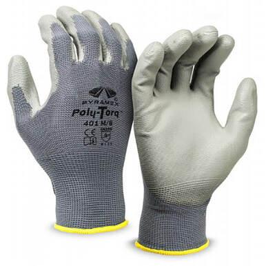 The Pyramex POLY-TORQ Gloves GL401, offered by Pyramex Safety, come in a pack of 12 pairs. These gray work gloves provide exceptional gripping power and feature a textured grip. They have black text on the back and yellow trim at the cuffs. Labeled "Pyramex Poly-Torq 401 M/8," they are designed for durability with tear and abrasion resistance.