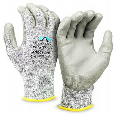 The Pyramex Safety Poly-Torq Cut Resistant Gloves GL402C5, available in a pack of 12 pairs, feature textured palms for excellent gripping power. With yellow cuffs and detailed text and logo showcasing their specifications and certifications, these gray gloves have a durable polyurethane-coated finish that enhances their performance as cut-resistant gloves.